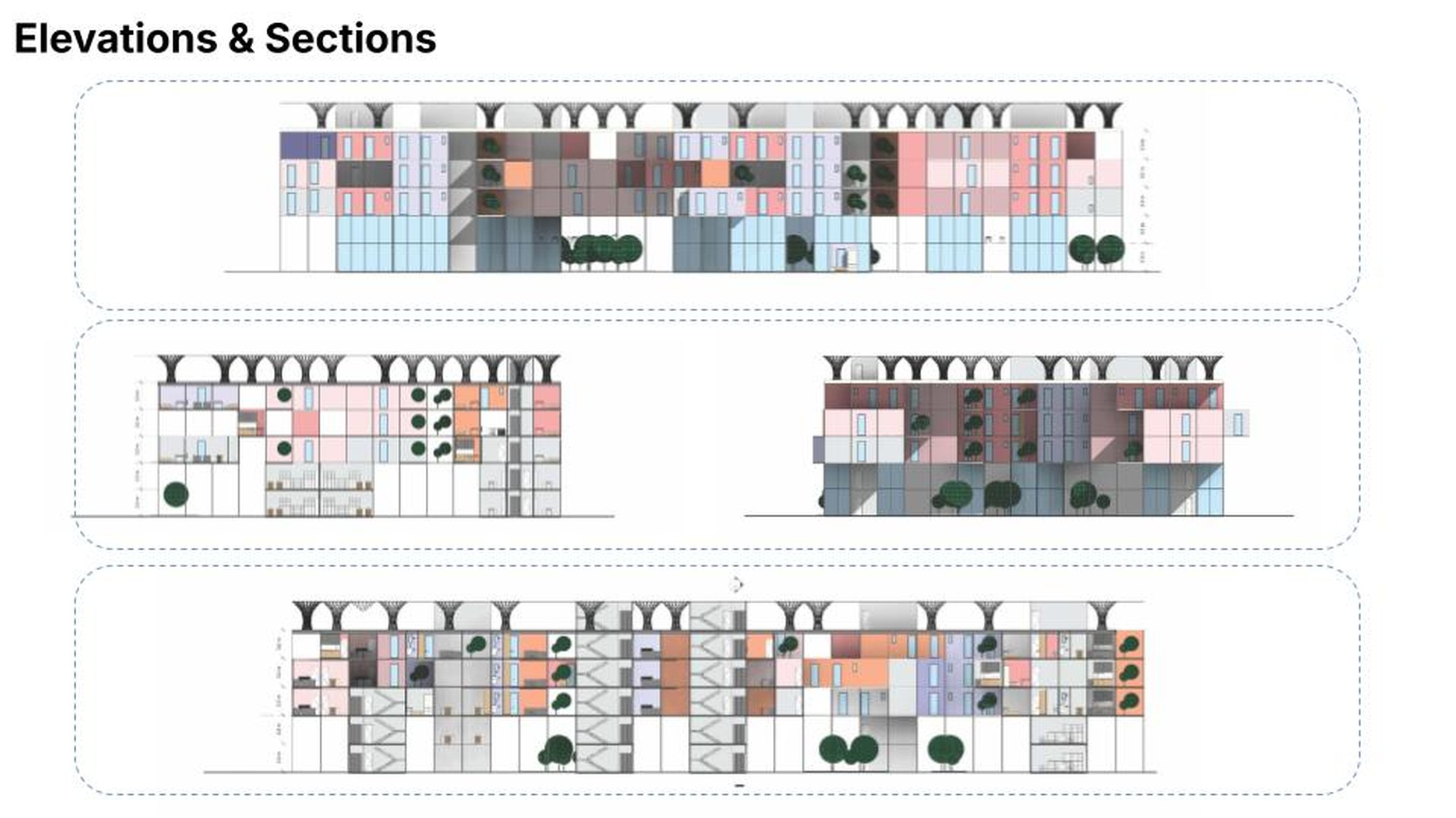 Elevations and sections of the modular housing block
