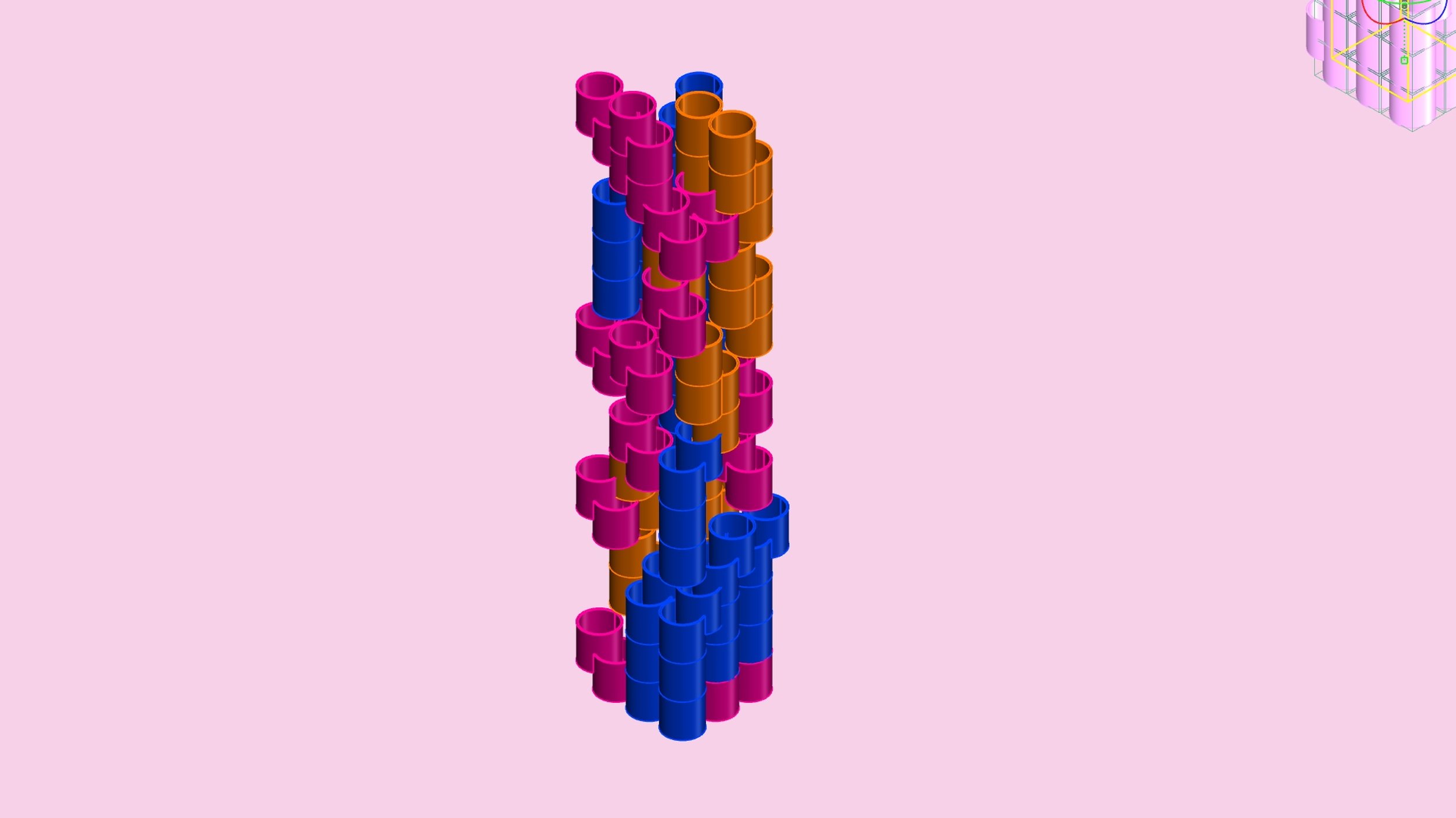 Tall tower configuration in pink, blue and orange
