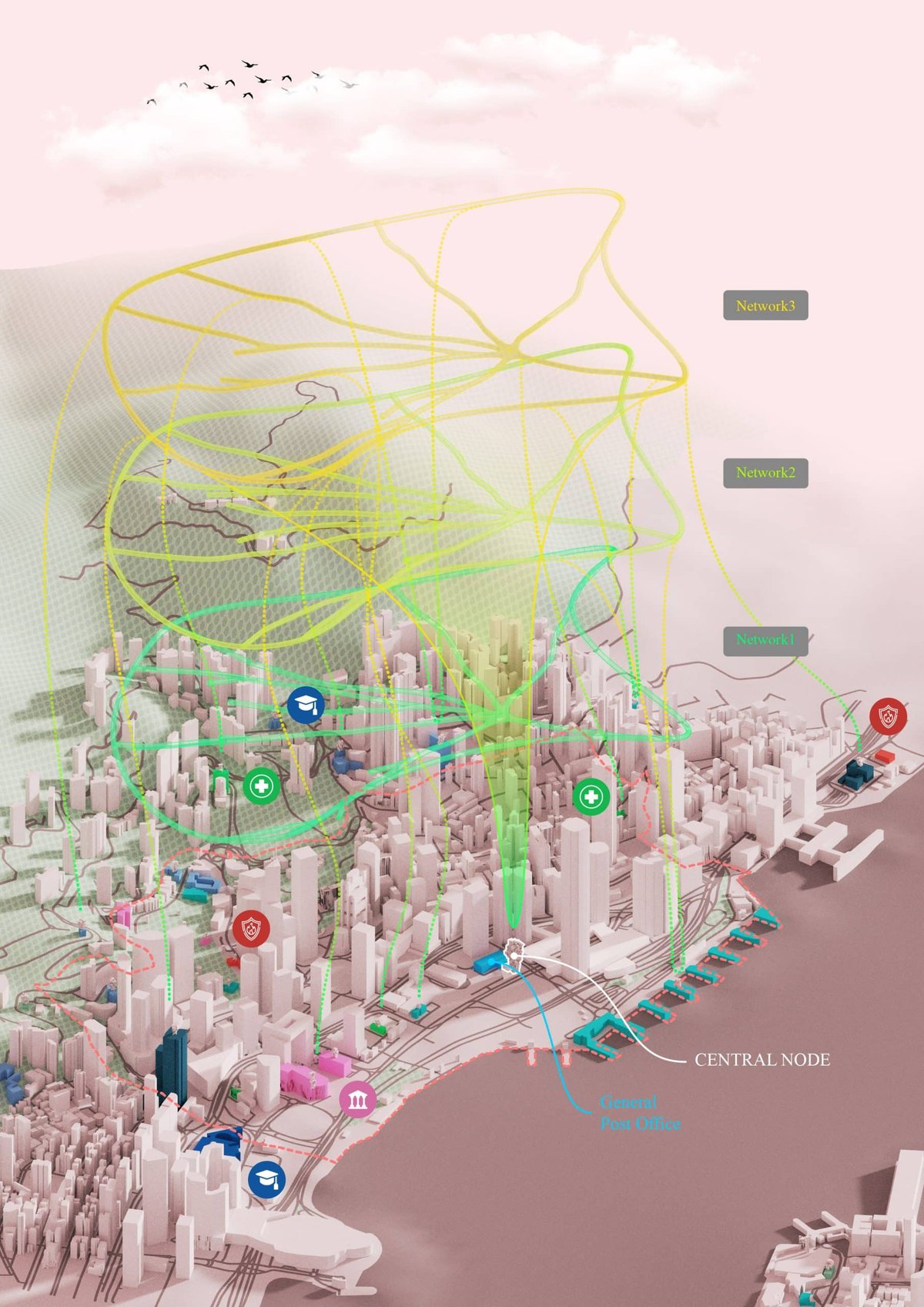 Functional diagram showing module types and drone logistics