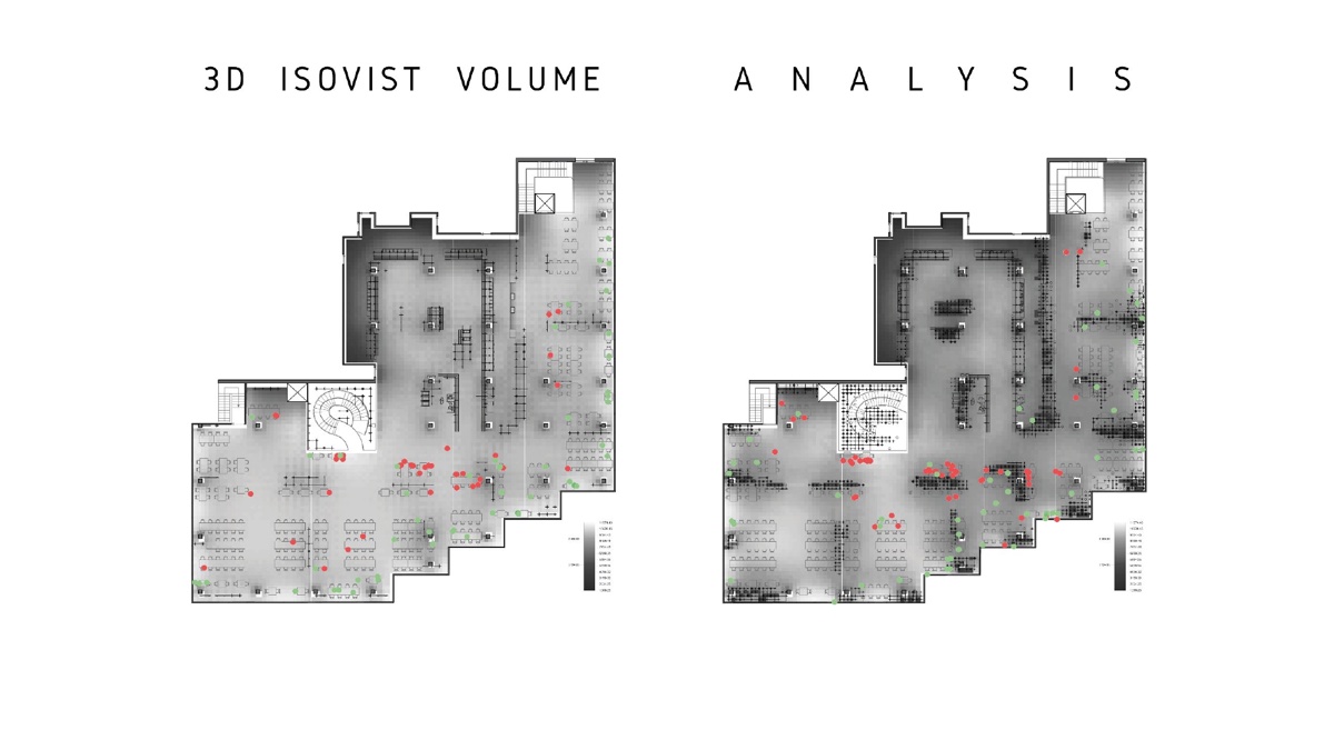 Spatial analysis: 3D isovist volume heatmaps of the floor, with chosen seats in green and avoided seats in red