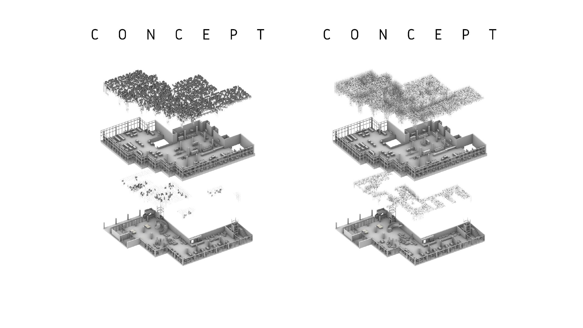 Concept axonometric: the aggregated lamp structure exploded above the two canteen floor plans