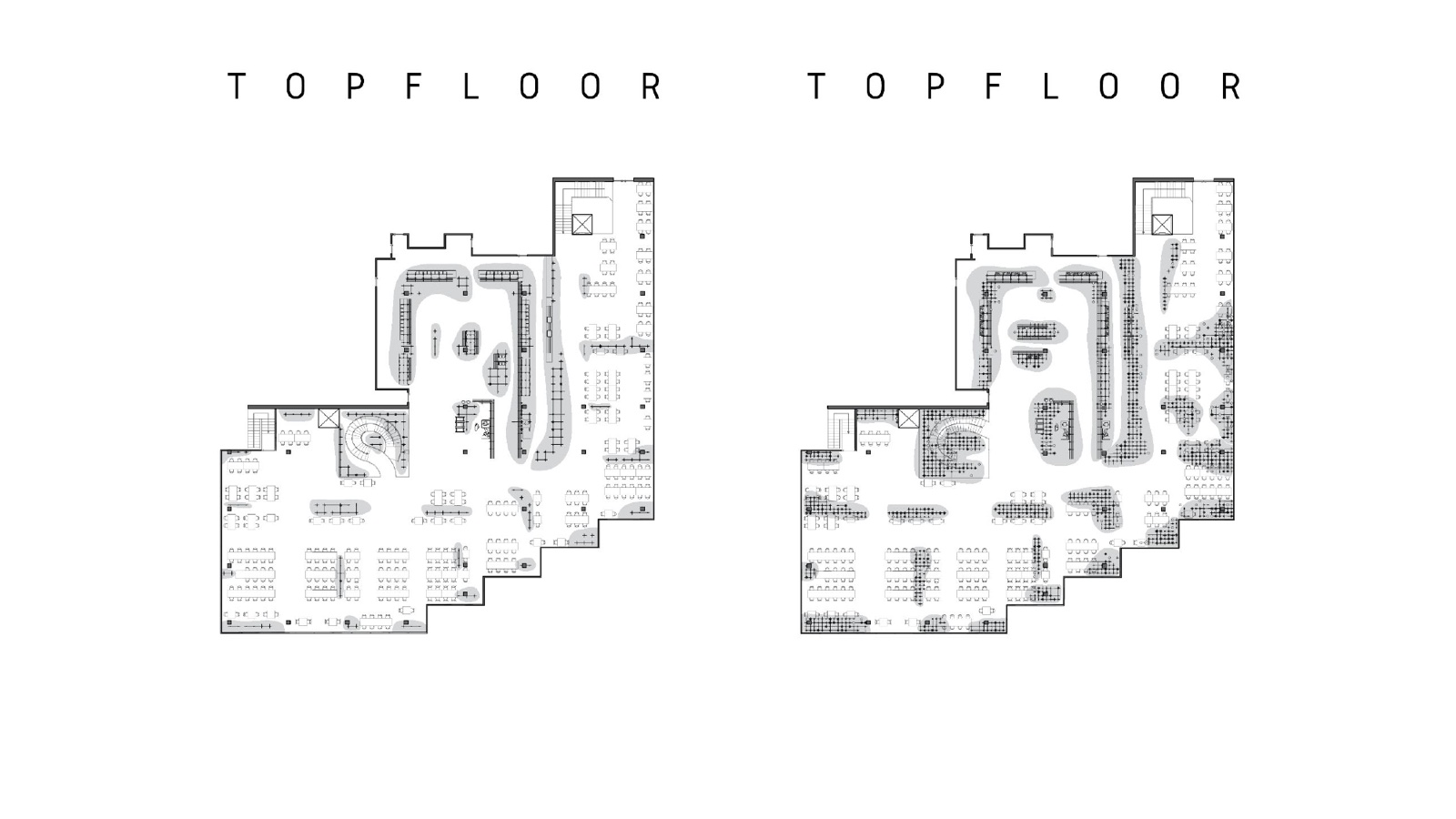 Top floor plan of the redesigned canteen with the new seating layout
