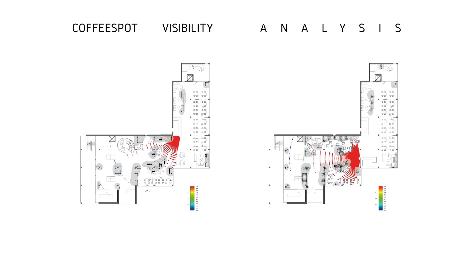 Visibility analysis of the ground-floor coffee spot seen from the entrance