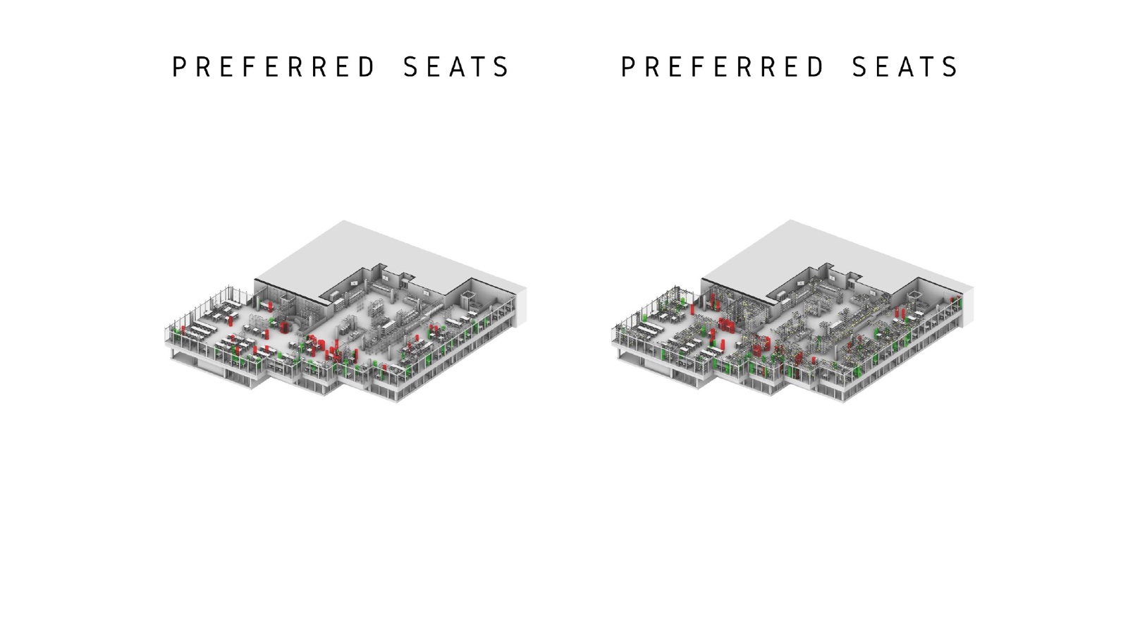 Preferred and avoided seats mapped onto a cutaway of the hall &mdash; chosen in green, avoided in red