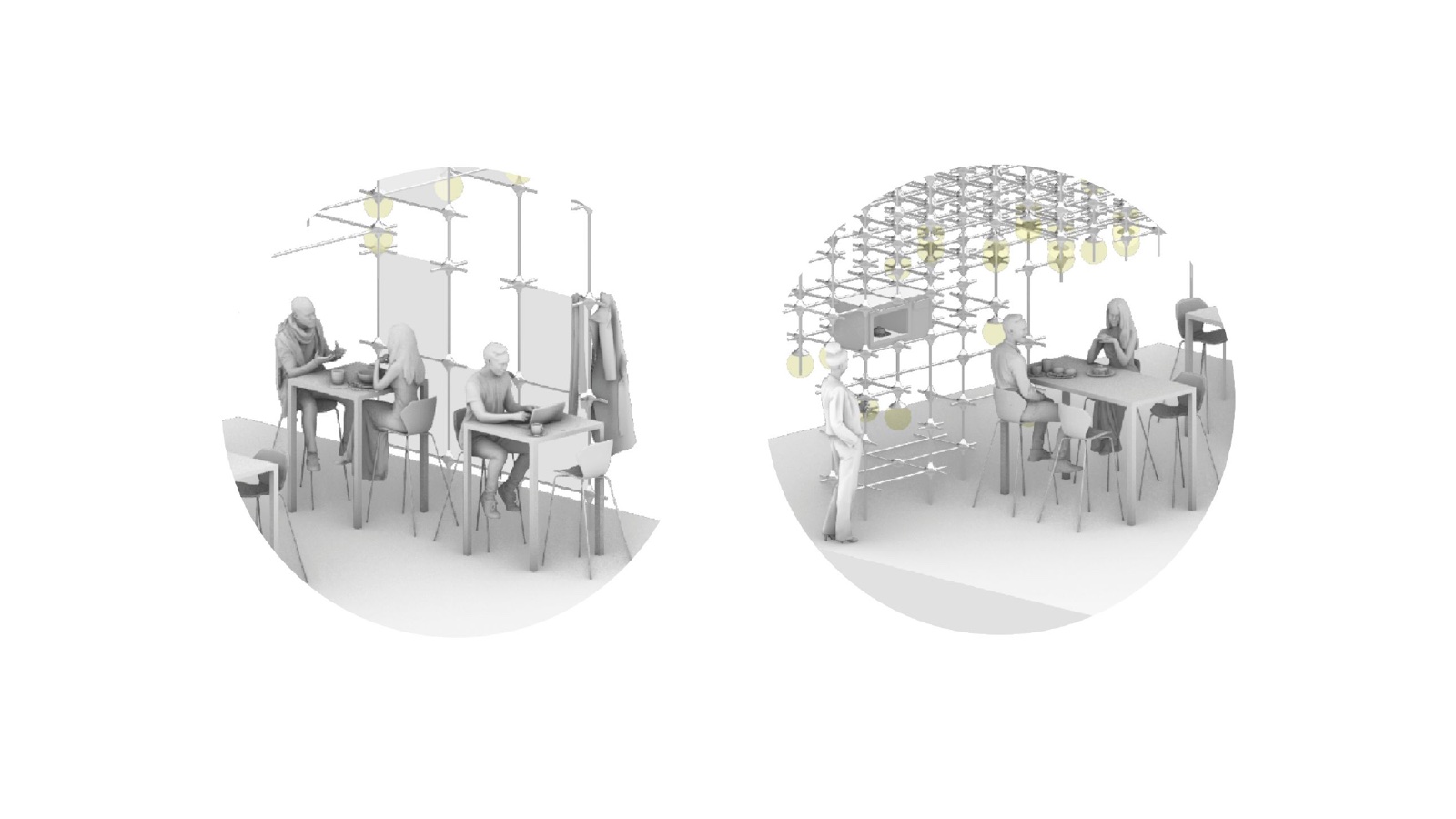 Seating scenarios under the parametric structure &mdash; an open table and an enclosed nook