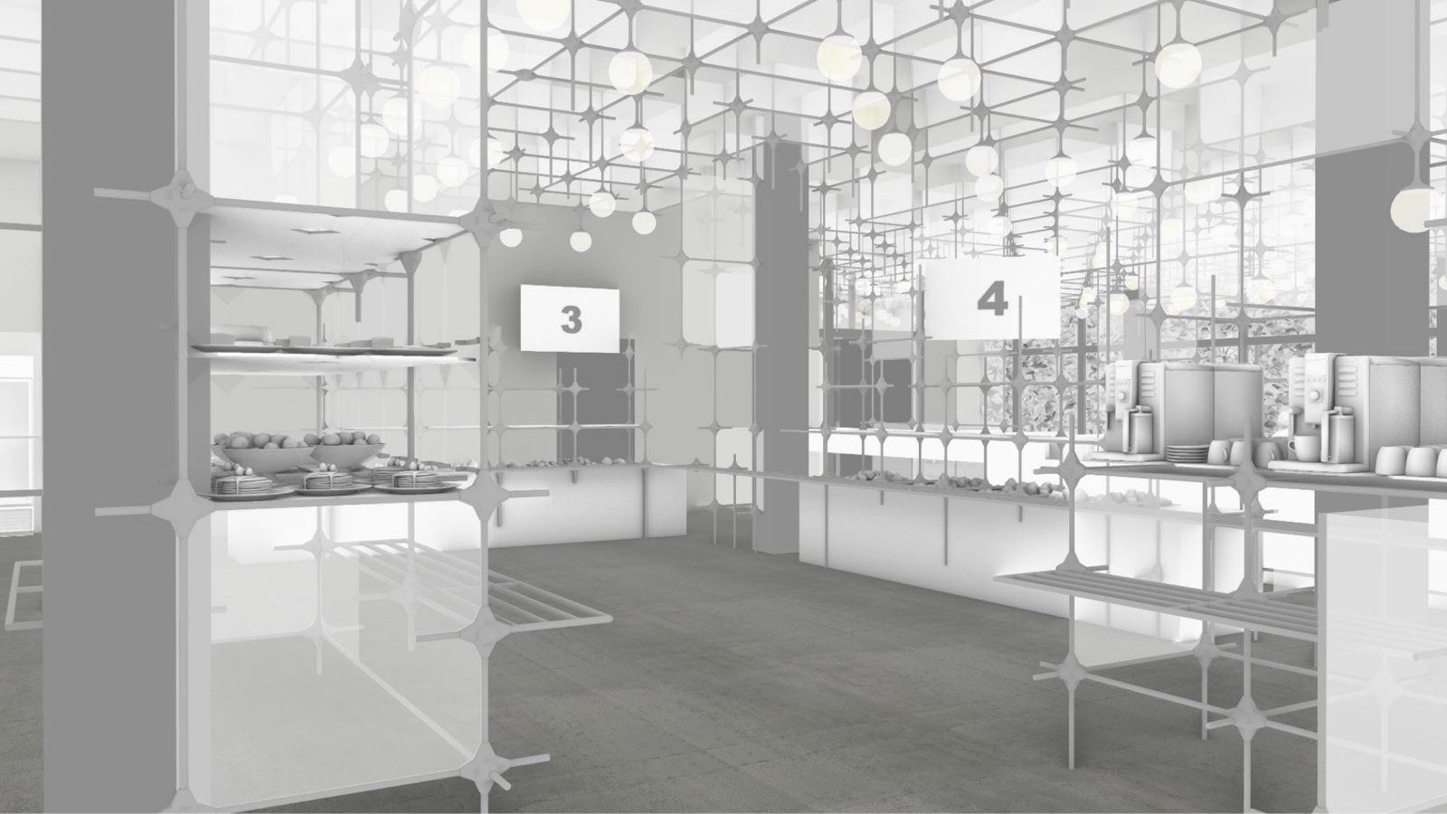 Rendered view of the serving area and food counters under the lamp lattice