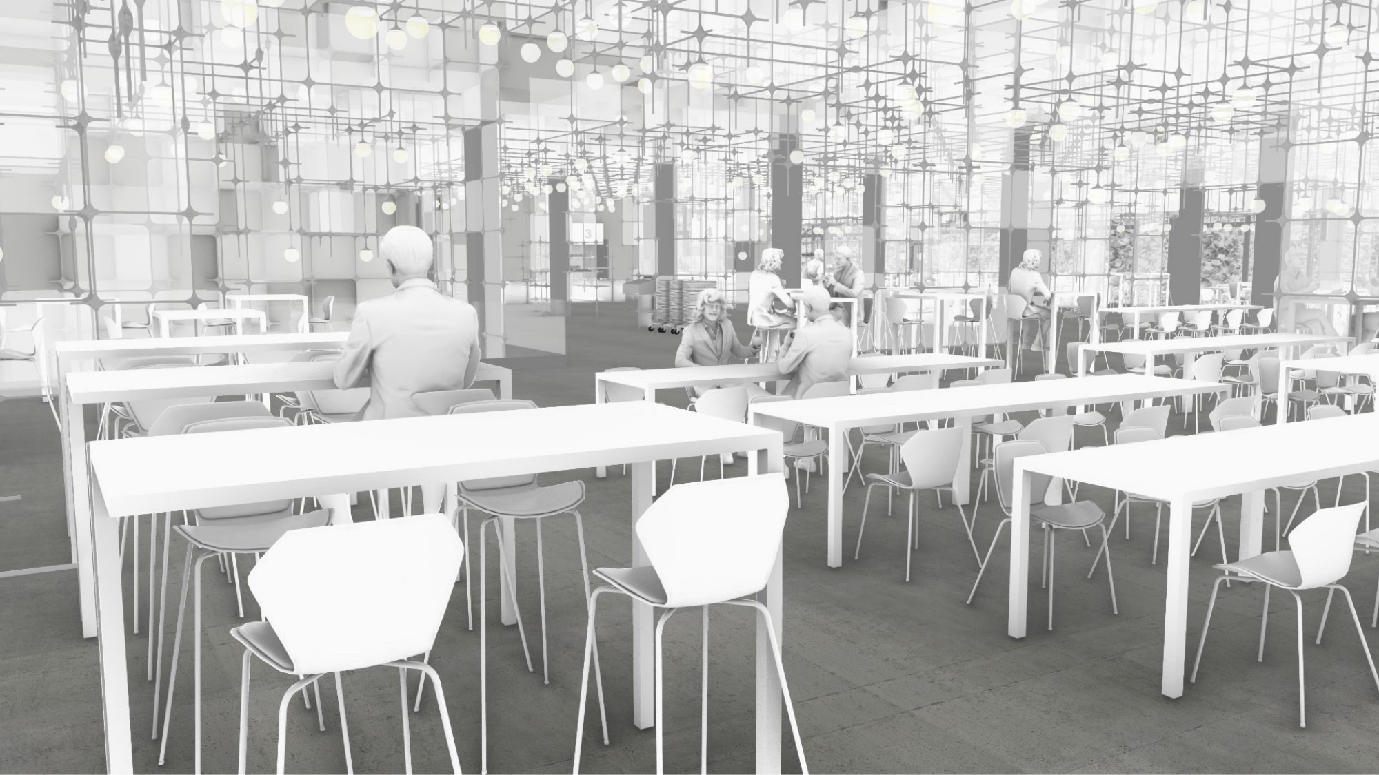 Rendered perspective of the dining hall with the parametric lamp structure